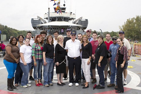 APSU faculty and history students stand on the deck of the World War II vessel the LST 325 with the ship’s captain, Robert D. Jornlin. (Photo by Charles Booth/APSU Staff). APSU faculty and history students stand on the deck of the World War II vessel the LST 325 with the ship’s captain, Robert D. Jornlin. (Photo by Charles Booth/APSU Staff).