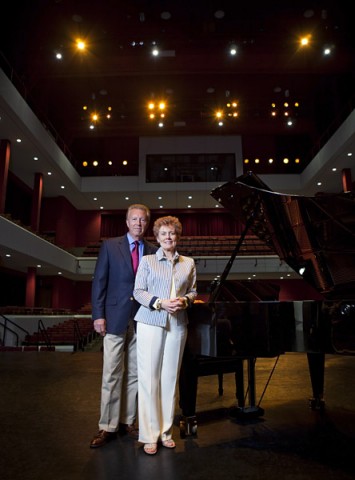 Drs. George and Sharon Mabry stand in the concert hall that will soon be renamed in their honor. (Photo by Beth Liggett/APSU).