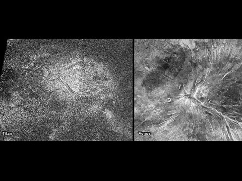NASA's Cassini spacecraft obtained this image of a feature shaped like a hot cross bun in the northern region of Titan (left) that bears a striking resemblance to a similar feature on Venus (right). (Image Credit: NASA/JPL-Caltech/ASI) NASA's Cassini spacecraft obtained this image of a feature shaped like a hot cross bun in the northern region of Titan (left) that bears a striking resemblance to a similar feature on Venus (right). (Image Credit: NASA/JPL-Caltech/ASI)