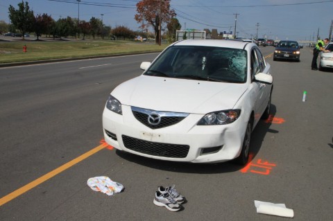 Mazda 3 that stuck and killed a pedestrian on Fort Campbell Boulevard Tuesday, October 16th. (Photo by CPD-Jim Knoll) Mazda 3 that stuck and killed a pedestrian on Fort Campbell Boulevard Tuesday, October 16th. (Photo by CPD-Jim Knoll)