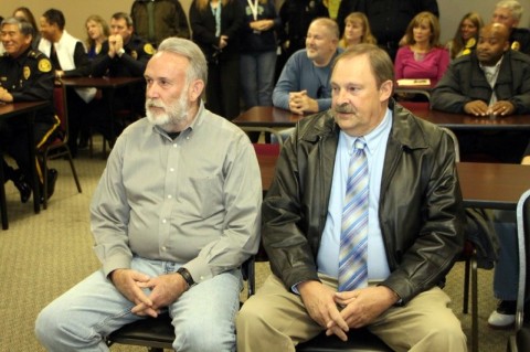 Retiring Clarksville Police Officer Danny Greene (left) and Clarksville Police Detective Larry Boren (right). (Photo by CPD-Jim Knoll) Retiring Clarksville Police Officer Danny Greene (left) and Clarksville Police Detective Larry Boren (right). (Photo by CPD-Jim Knoll)