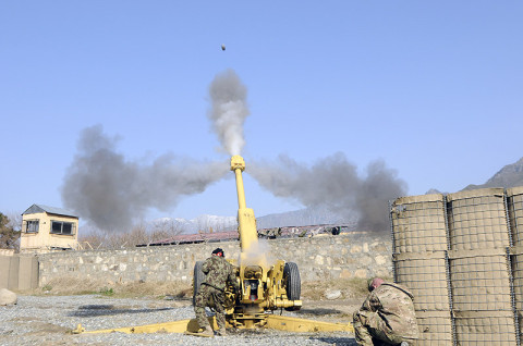 Afghan National Army soldiers from 2nd Brigade, 201st Corps, fire their D-30 Howitzer Jan. 18th, 2013, at Combat Outpost Monti, Afghanistan, as U.S. Army advisors from Security Force Advisory and Assistance Team-5, 1st Brigade Combat, 101st Airborne Division, observed and evaluated the training. (U.S. Army photo by Sgt. Jon Heinrich, Task Force 1-101 PAO)
