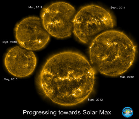 These six extreme UV images of the sun, taken by NASA's Solar Dynamics Observatory, track the rising level of solar activity as the sun ascends toward the peak of the latest 11-year sunspot cycle.