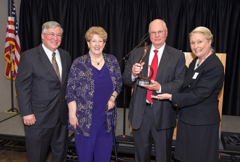 APSU President Tim Hall joins Amy and Ken Landrum as Fran Marcum with the Tennessee Board of Regents presents the couple with the 2013 Regents Award for Excellence in Philanthropy. (Photo by Beth Liggett/APSU).