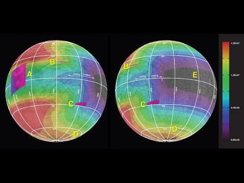 This graphic of Jupiter's moon Europa maps a relationship between the amount of energy deposited onto the moon from charged-particle bombardment and the chemical contents of ice deposits on the surface in five areas of the moon (labeled A through E). (Credit: NASA/JPL-Caltech/Univ. of Ariz./JHUAPL/Univ. of Colo.) This graphic of Jupiter's moon Europa maps a relationship between the amount of energy deposited onto the moon from charged-particle bombardment and the chemical contents of ice deposits on the surface in five areas of the moon (labeled A through E). (Credit: NASA/JPL-Caltech/Univ. of Ariz./JHUAPL/Univ. of Colo.)