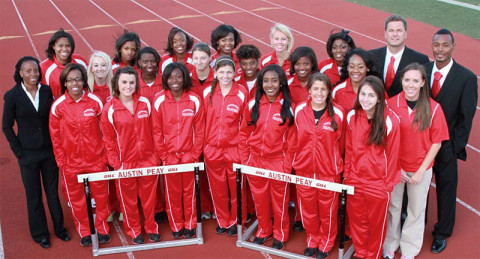 2012-13 Austin Peay Women’s Cross Country & Track and Field: Top Row (L-R) Jasmine Foster, Lauren Lyles, Kymmalett Ross, Amia Butler, Alyssa Molnar, Taelor Slaughter, Head Coach Doug Molnar. Second Row (L-R) Assistant Coach Valerie Brown, Amanda Wikenholm, Erika Adams, Nichole Bressner, Kendra Kirksey, LaMontra Robinson, Cenitra Hudson, Volunteer Assistant Coach James Jenkins. Bottom Row (L-R) Anotonia Stevenson, Chantelle Grey, Sharese Braziel Miranda Weed, Breigh Jones, Xiamar Richards, Alexis Eldrige, Elizabeth Riley. 2012-13 Austin Peay Women’s Cross Country & Track and Field: Top Row (L-R) Jasmine Foster, Lauren Lyles, Kymmalett Ross, Amia Butler, Alyssa Molnar, Taelor Slaughter, Head Coach Doug Molnar. Second Row (L-R) Assistant Coach Valerie Brown, Amanda Wikenholm, Erika Adams, Nichole Bressner, Kendra Kirksey, LaMontra Robinson, Cenitra Hudson, Volunteer Assistant Coach James Jenkins. Bottom Row (L-R) Anotonia Stevenson, Chantelle Grey, Sharese Braziel Miranda Weed, Breigh Jones, Xiamar Richards, Alexis Eldrige, Elizabeth Riley.