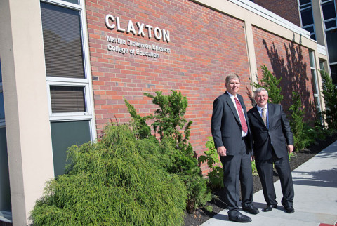 Lars Eriksson and APSU President Tim Hall outside the Claxton Building, which houses the newly named Martha Dickerson Eriksson College of Education. (Photo by Beth Liggett/APSU Staff)