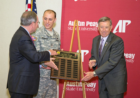 ROTC Cadet Nathan Brewer (center) was named the recipient of the 2013 Command Sgt. Maj. Walker Award during a breakfast ceremony May 2 at Austin Peay State University. Retired Command Sgt. Maj. Darol Walker (right, for whom the award is named) and local businessman Jack Turner (who created the award) also are shown. (Photo by Beth Liggett, APSU Public Relations and Marketing)