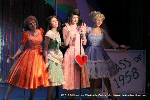 The Wonderettes at the Roxy Regional Theatre. From Left to Right,  Ashley Harris (Missy), Heather Gault (Betty Jean), Taylor Gavin (Cindy Lou), and Elena Pascullo (Suzy).