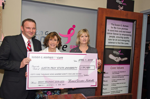 Dr. Patty Orr (center), director of the APSU School of Nursing and associate professor, and Joey Smith (left), director of the Montgomery County Health Department, receive a check from Patty Harmon, director of the Susan G. Komen for the Cure-Greater Nashville Affiliate. (Contributed photo)