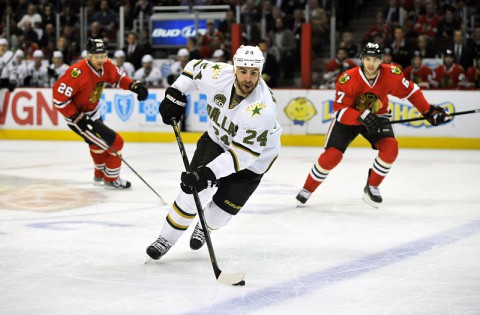 Dallas Stars left wing Eric Nystrom (24) is chased by Chicago Blackhawks defenseman Brent Seabrook (7) and center Michal Handzus (26) during the first period at the United Center. (David Banks - USA TODAY Sports) Dallas Stars left wing Eric Nystrom (24) is chased by Chicago Blackhawks defenseman Brent Seabrook (7) and center Michal Handzus (26) during the first period at the United Center. (David Banks - USA TODAY Sports)