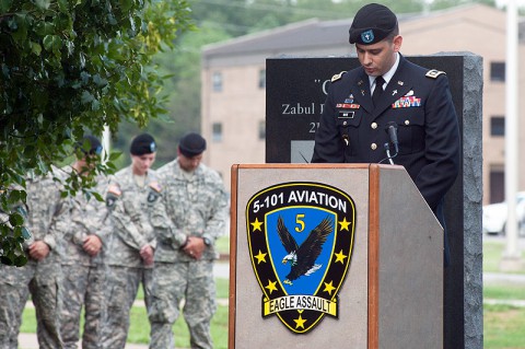 Capt. Nathan White, chaplain, 5th Battalion, 101st Combat Aviation Brigade, 101st Airborne Division (Air Assault) delivers the invocation at the beginning of a ceremony where two trees were dedicated to fallen comrades at Fort Campbell, KY, Aug. 9, 2013. (U.S. Army photo by Sgt. Duncan Brennan, 101st CAB Public Affairs) Capt. Nathan White, chaplain, 5th Battalion, 101st Combat Aviation Brigade, 101st Airborne Division (Air Assault) delivers the invocation at the beginning of a ceremony where two trees were dedicated to fallen comrades at Fort Campbell, KY, Aug. 9, 2013. (U.S. Army photo by Sgt. Duncan Brennan, 101st CAB Public Affairs)