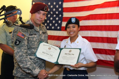 CW2 Roy Swearengin the re-enlistment officer with Spc. Ilka Luna after her re-enlistment in the U.S. Army 