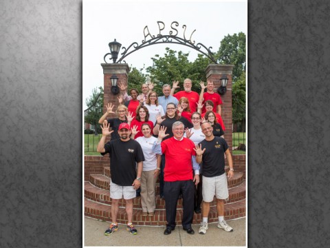 APSU President Tim Hall (center) joins members of APSU’s Phi Alpha Theta History Honor Society in celebrating the club’s fifth “Best Chapter of the Year” award. (Photo by Beth Liggett/APSU) APSU President Tim Hall (center) joins members of APSU’s Phi Alpha Theta History Honor Society in celebrating the club’s fifth “Best Chapter of the Year” award. (Photo by Beth Liggett/APSU)