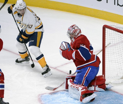 Montreal Canadiens goalie Carey Price (31) makes a save on a shot from Nashville Predators forward Gabriel Bourque (57) during the first period at the Bell Centre. (Eric Bolte-USA TODAY Sports) Montreal Canadiens goalie Carey Price (31) makes a save on a shot from Nashville Predators forward Gabriel Bourque (57) during the first period at the Bell Centre. (Eric Bolte-USA TODAY Sports)