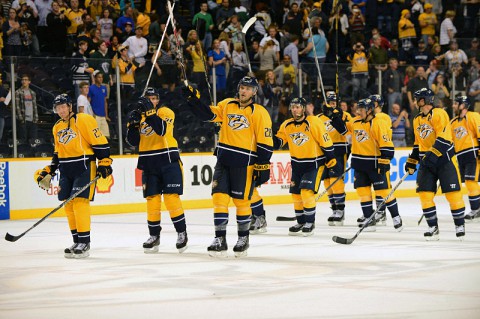 The Nashville Predators celebrate a win over the Tampa Bay Lightning at Bridgestone Arena. (Don McPeak-USA TODAY Sports)