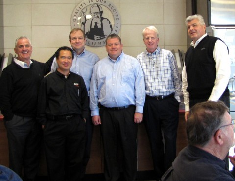 Franchisee John Hughes, Wendy’s Corporate Support Stan Campbell and Trung Pham, Franchise Operator Rich Sutton of Clarksville, Franchisee Mike O’Malley of Clarksville, and Marketer Bayne Million.