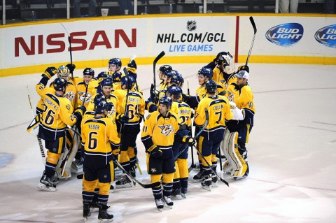 Nashville Predators celebrate win at Bridgestone Arena. (Mike Strasinger-USA TODAY Sports) Nashville Predators celebrate win at Bridgestone Arena. (Mike Strasinger-USA TODAY Sports)