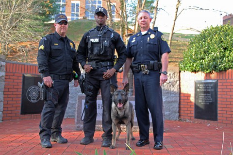 Sgt. Odell (Sgt. over the K-9 team), K-9 Officer Jones, Koda, and Capt. Gipson (Capt. over the Special Operations Unit)