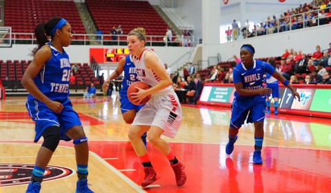 Austin Peay's Nicole Olszewski brings the Lady Govs within 4 points of MTSU at the end of the first half. (Michael Rios-Clarksville Sports Network) Austin Peay's Nicole Olszewski brings the Lady Govs within 4 points of MTSU at the end of the first half. (Michael Rios-Clarksville Sports Network)