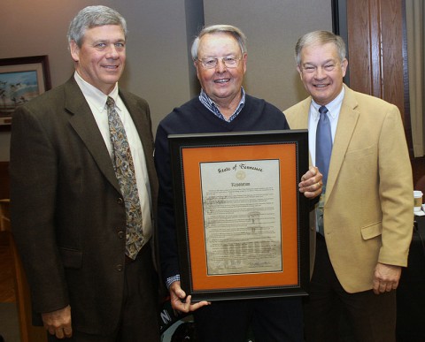 Bill Dance is pictured with TFWC Chairman Jeff McMillin (left) and TWRA Executive Director Ed Carter after he received a plaque with a resolution noting his many contributions that include the sport of fishing, the TWRA, and the state through the years. The honor came at the January meeting of the TFWC. Bill Dance is pictured with TFWC Chairman Jeff McMillin (left) and TWRA Executive Director Ed Carter after he received a plaque with a resolution noting his many contributions that include the sport of fishing, the TWRA, and the state through the years. The honor came at the January meeting of the TFWC.