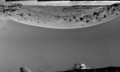 This mosaic of images from the Navigation Camera (Navcam) on NASA's Mars rover Curiosity shows the terrain to the west from the rover's position on the 528th Martian day, or sol, of the mission (Jan. 30, 2014). (NASA/JPL-Caltech) This mosaic of images from the Navigation Camera (Navcam) on NASA's Mars rover Curiosity shows the terrain to the west from the rover's position on the 528th Martian day, or sol, of the mission (Jan. 30, 2014). (NASA/JPL-Caltech)