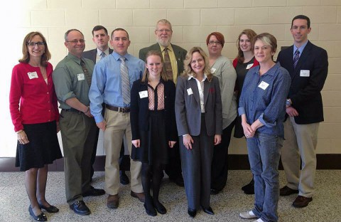 (L to R) Minoa Uffelman, PAT advisor, Patrick Toth, PAT president, Michael Farrell, Ryan Krause, Kali Wessels, John Steinberg, chair of the APSU Department of History and Philosophy, Deanna Carter, Amanda Lawson, Jennifer Kaiser, Amanda Bailey and Evan Nooe.