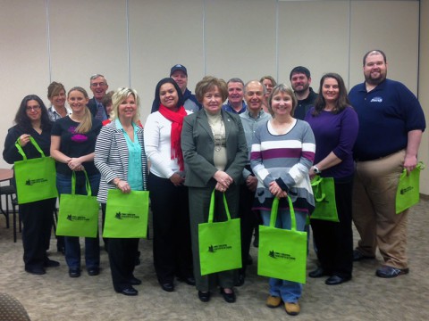 The first group of 2014 completes the Clarksville-Montgomery County Green Certification workshop series. Pictured from left to right are: Back Row: Tia Suiter; Keith Roberts; Mike Vietenheimer; Tim Sawyer; Yvonne Chamberlain; Adam Bibb; Andrea Jacobsen and Dan Utt. Front Row : Lisa Izzy; Amanda Rose; Frances Traughber (peeking out); Angie Henson; Susan Dolnak; Mayor Carolyn Bowers; George Gallardo and Maria Terry.