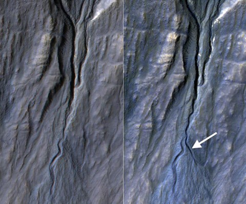 This pair of before (left) and after (right) images from the High Resolution Imaging Science Experiment (HiRISE) camera on NASA's Mars Reconnaissance Orbiter documents formation of a new channel on a Martian slope between 2010 and 2013, likely resulting from activity of carbon-dioxide frost. (NASA/JPL-Caltech/Univ. of Arizona) This pair of before (left) and after (right) images from the High Resolution Imaging Science Experiment (HiRISE) camera on NASA's Mars Reconnaissance Orbiter documents formation of a new channel on a Martian slope between 2010 and 2013, likely resulting from activity of carbon-dioxide frost. (NASA/JPL-Caltech/Univ. of Arizona)