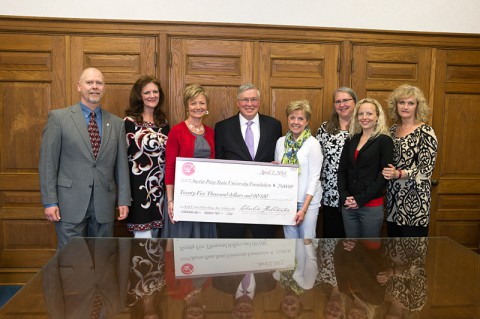 Christopher Burawa, director of the APSU Center of Excellence for Creative Arts; Susan Wilson, director of Major Gifts at APSU; Lisa Martin, Acuff Circle Board president-elect; APSU President Tim Hall; Charlsie Halliburton, Acuff Circle Board president; Dixie Webb, APSU dean of the College of Arts and Letters; Stacey Streetman, Acuff Circle Board secretary; and Sondra Hamilton, Acuff Circle treasurer. (Photo by Beth Liggett, APSU photographer).