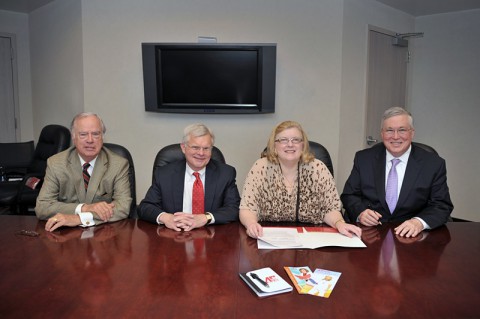 Brown Family Foundation members Joe Gaston, Bill Goodman and Virginia Brown sign paperwork with APSU President Tim Hall establishing a new endowed nursing scholarship at APSU. 