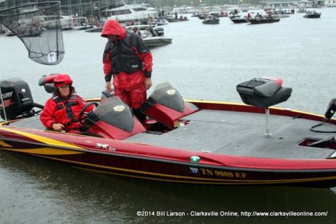 Billy Atkins, chairman and CEO of Legends Bank, a corporate sponsor of the 2014 Austin Peay State University Governors Bass Tournament is in the first boat to head out on the lake at the 2014 APSU Governor's Bass Tournament