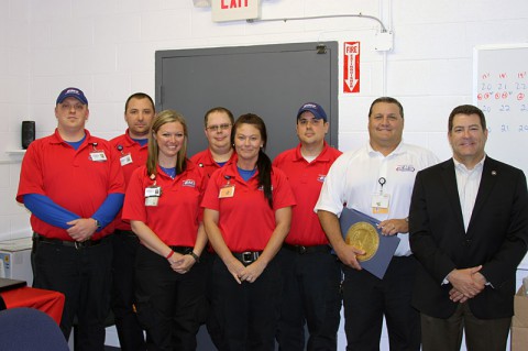 Montgomery County EMS recognized for Heroism. Pictured from Left to Right: Matt Sandifer, Caleb Hall, Jennifer Earp, Jessie Ferrell, Stephanie Read, Joe Gluff, Gary Perry and Senator Mark Green. 