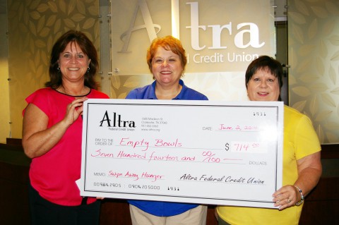 Rose Melton, of Altra Federal Credit Union; Rita Arancibia, of Urban Ministries and Beverly Dycus, of Empty Bowls (Art Conn)