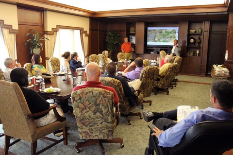 David Smith, President of DBS & Associates  Engineering, and Mike Evans, Exec. Director of the Clarksville-Montgomery County IDB speak about the available land and infrastructure at the CMC Corporate Business Park to the group of site selection consultants at this year's Red Carpet Community Tour.