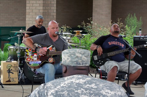 The Warrior Spirit Band, a band consisting of combat wounded veterans, performed for wounded, injured and ill Soldiers in the Warrior Transition Battalion, Fort Campbell, KY July 15, 2014 to empower Soldiers through music and give them a chance to share their stories. (Laura Boyd) The Warrior Spirit Band, a band consisting of combat wounded veterans, performed for wounded, injured and ill Soldiers in the Warrior Transition Battalion, Fort Campbell, KY July 15, 2014 to empower Soldiers through music and give them a chance to share their stories. (Laura Boyd)