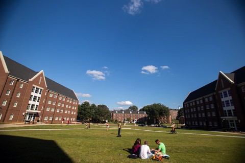Students hang out on the quad between residence halls Eriksson, and Governors Terrace North and South at Austin Peay State University.