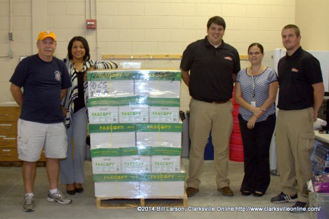 David Kirkland, President -Clarksville Firefighters Asso. Local 3180 & Candy Johnson, CMCSS Foundation and Community Relations Director, Gary Orr, Construction Manager for Servpro of Montgomery County, Rebecca Dyer-CMCSS Foundation and Community Relations Assistant, and Gavin Parchman, Business Development Manager Servpro of Montgomery County