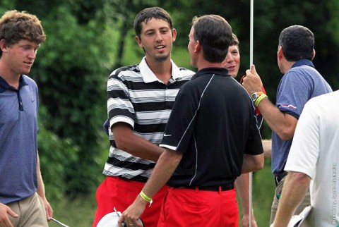 Dustin Korte shakes hands with former APSU coach Kirk Kayden after Korte birdied his final hole as a Governor at the 2013 NCAA Championship in Alpharetta, Georgia. (APSU Sports Information) Dustin Korte shakes hands with former APSU coach Kirk Kayden after Korte birdied his final hole as a Governor at the 2013 NCAA Championship in Alpharetta, Georgia. (APSU Sports Information)