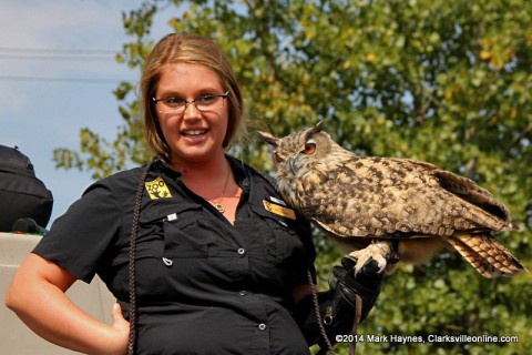 Nashville Zoo's Anna Currie talks to the audience about "Archimedes" the Eagle Owl at Clarksville's Riverfest.