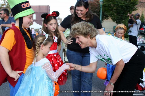 Clarksville Mayor Kim McMillan greets some young admirers during Fright on Franklin Street