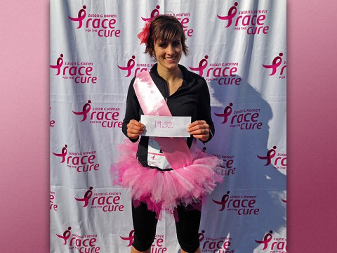 Krysta Adkins, an APSU nursing student, shows off her winning time at the Susan G. Komen 2015 Race for the Cure 5K in Brentwood.