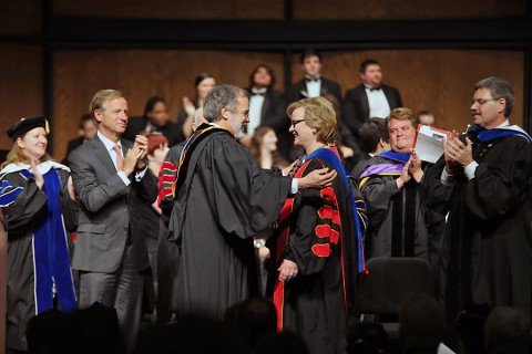 Tennessee Governor Bill Haslam applauds as Tennessee Board of Regents Chancellor John Morgan officially installs Dr. Alisa White as Austin Peay State University’s 10th president. (Beth Liggett/APSU)