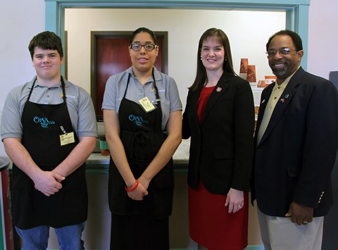 Two students participating in the Oasis Café program met with State Education Commissioner Candice McQueen and CMC School Board Chairman Jimmie Garland. (CMCSS)