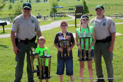 The winners of this year's Youth Fishing Rodeo. (L to R) TWRA officer Jereme Odom, Wyatt Wooten, Ethan Duffie, Cailin Robinson and TWRA officer Dale Grandstaff.