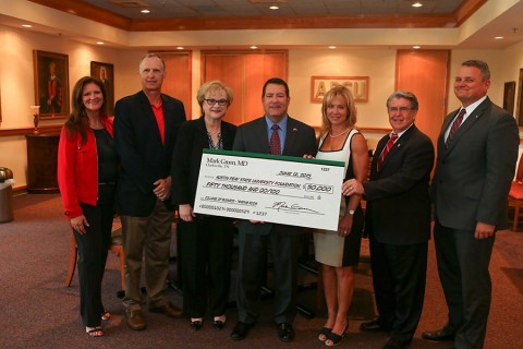 Susan Wilson, APSU director of major gifts; Dr. Rex Gandy, APSU provost and vice president of Academic Affairs; Dr. Alisa White, APSU president; Sen. Mark Green, president of AlignMD; Camilla Green; Dr. William Rupp, dean of the APSU College of Business; and Derek van der Merwe, APSU vice president for Advancement, Communications and Strategic Initiatives. (Bill Persinger/APSU)