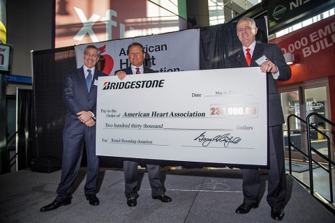 (L to R) Gary Garfield, President and CEO of Bridgestone Americas; Stu Crum, President of Bridgestone Retail Operations; Ken Harms, President of UPS Mid South District and board member of the American Heart Association, Greater Nashville. (L to R) Gary Garfield, President and CEO of Bridgestone Americas; Stu Crum, President of Bridgestone Retail Operations; Ken Harms, President of UPS Mid South District and board member of the American Heart Association, Greater Nashville.