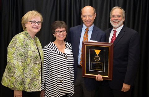Austin Peay President Alisa White, Sandy Jenkins, Don Jenkins and TBR Chancellor John Morgan celebrate Don Jenkins receiving the 2015 Chancellor’s Award for Excellence in Philanthropy. (Beth Liggett/APSU) 