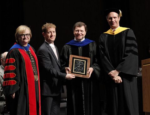 APSU President Dr. Alisa White and past APSU Alumni Association President Brandon Di Paolo Harrison present the 2016 APSU National Alumni Association Distinguished Professor Award to Dr. Mike Gotcher. APSU Provost and Vice President for Academic Affairs Dr. Rex Gandy, far right, is also in the photo. (Robert Smith, APSU Public Relations and Marketing)