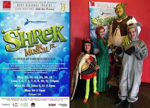 (L to R): Truman Jepson as Lord Farquaad, Allison Ferebee as Princess Fiona, Patrick Long as Shrek and Riley Jenkins as Donkey.